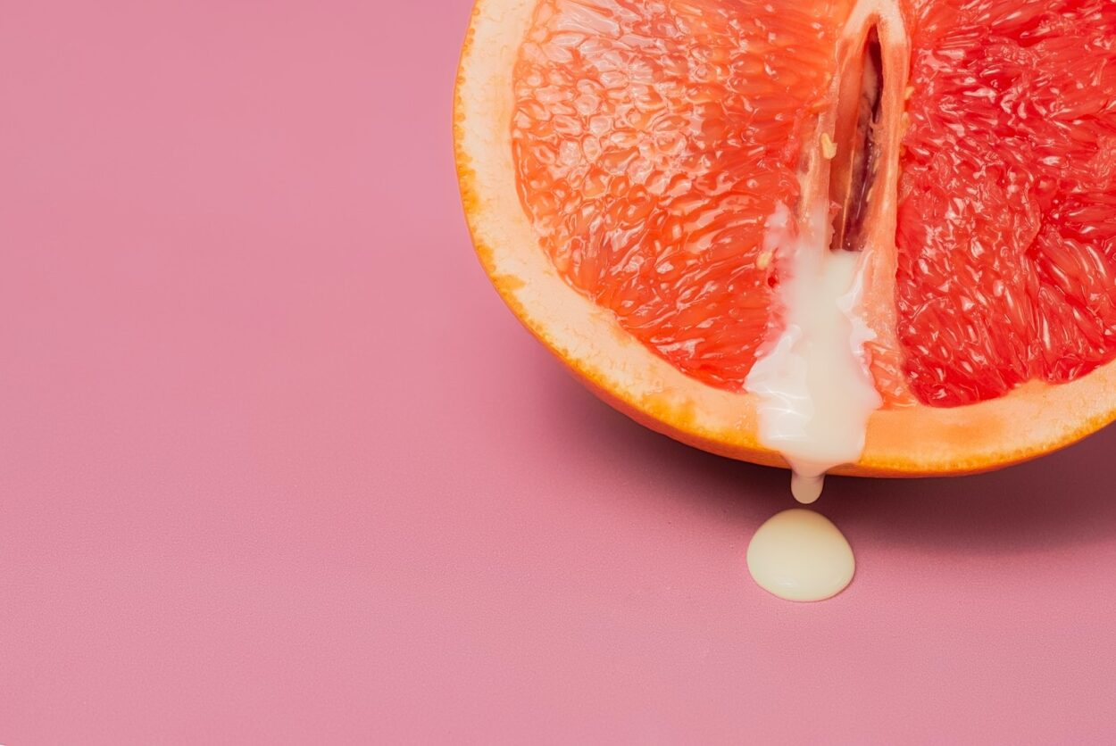 High angle of closeup of half of fresh orange grapefruit as symbol of vagina with sperm placed on pink surface in studio